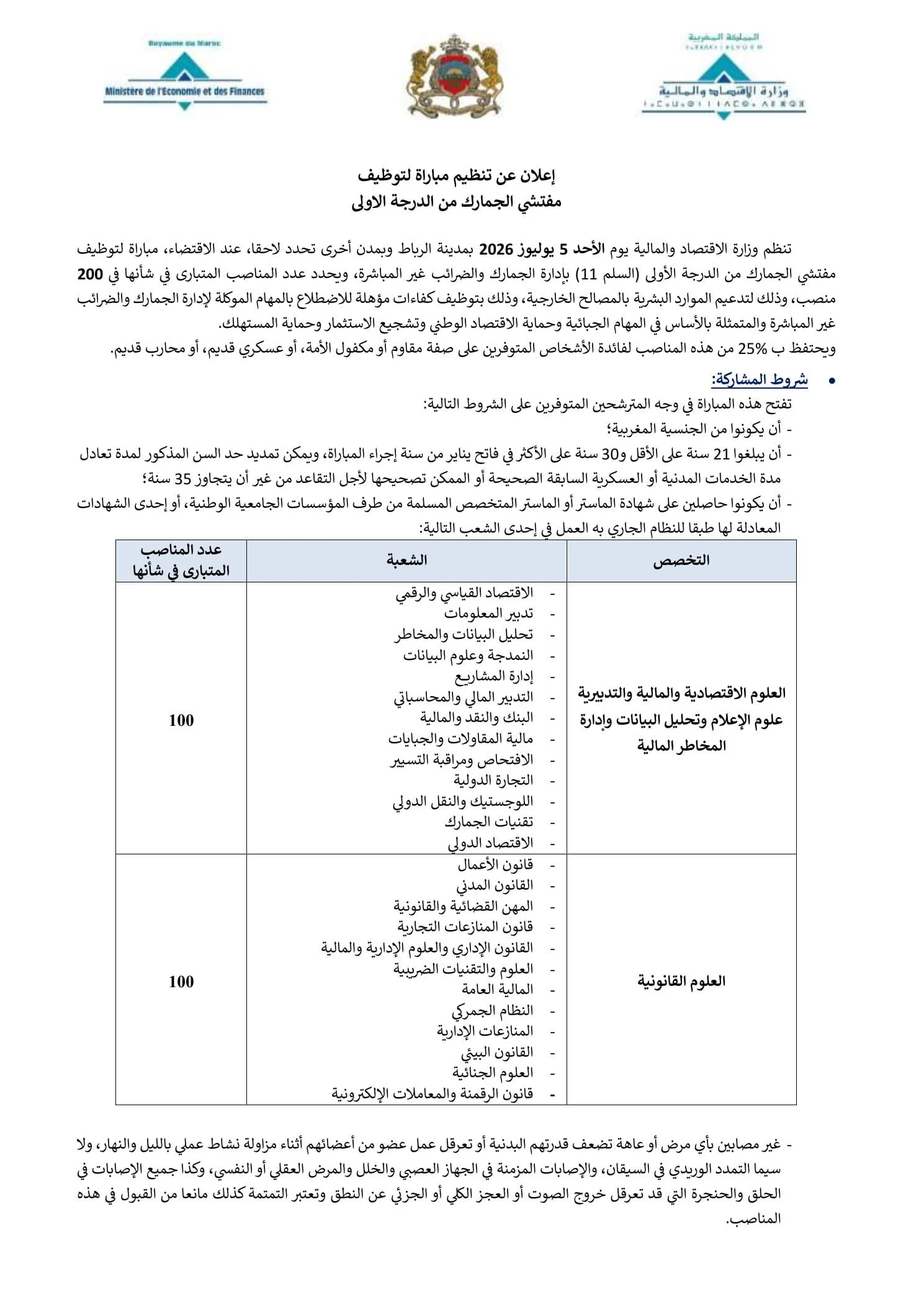الإعلان الرسمي لمباراة مفتشي الجمارك 2026 — الصفحة 1